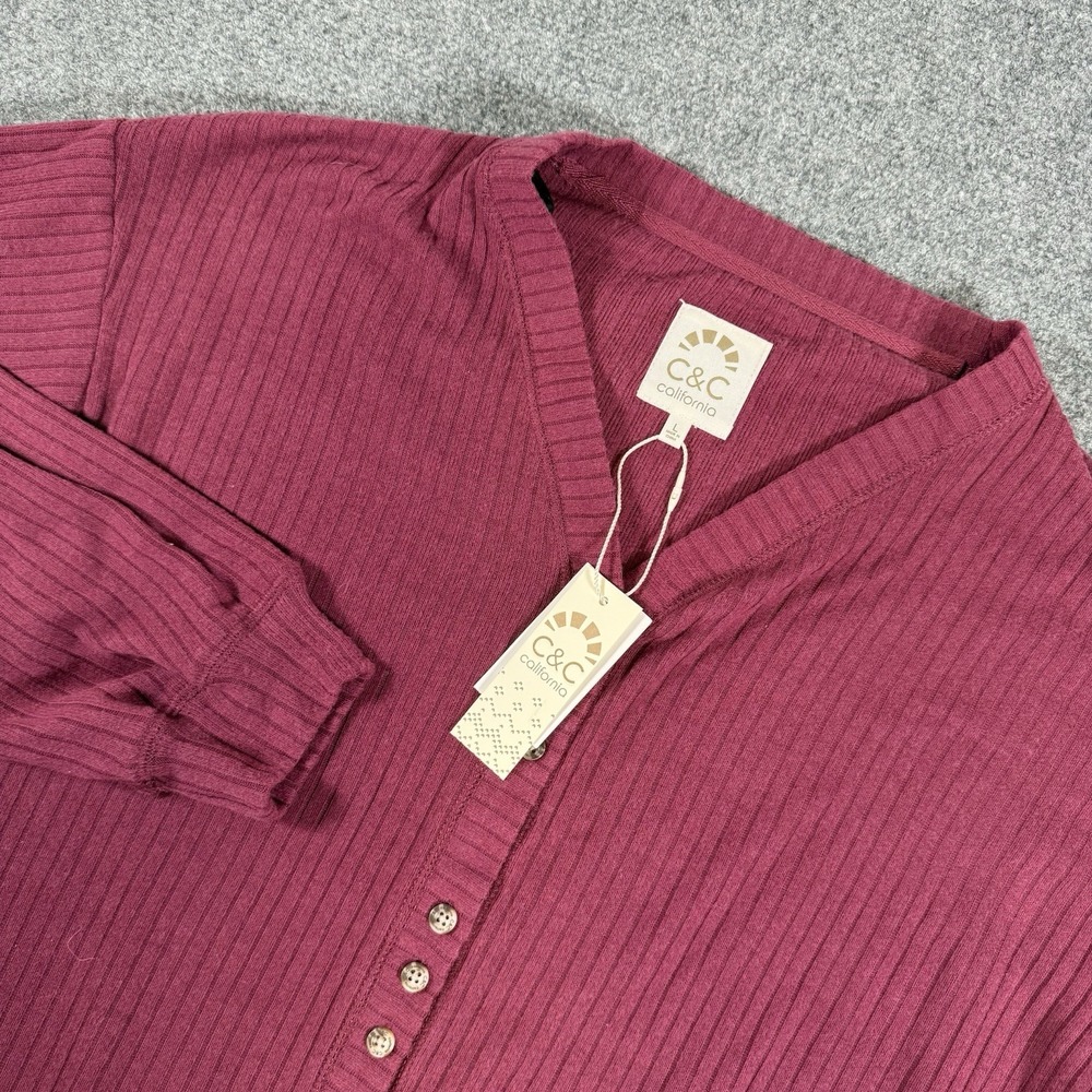 NWT C‎ & C California Cardigan Knit Top Womens Large Prune Red Button Up Sweater